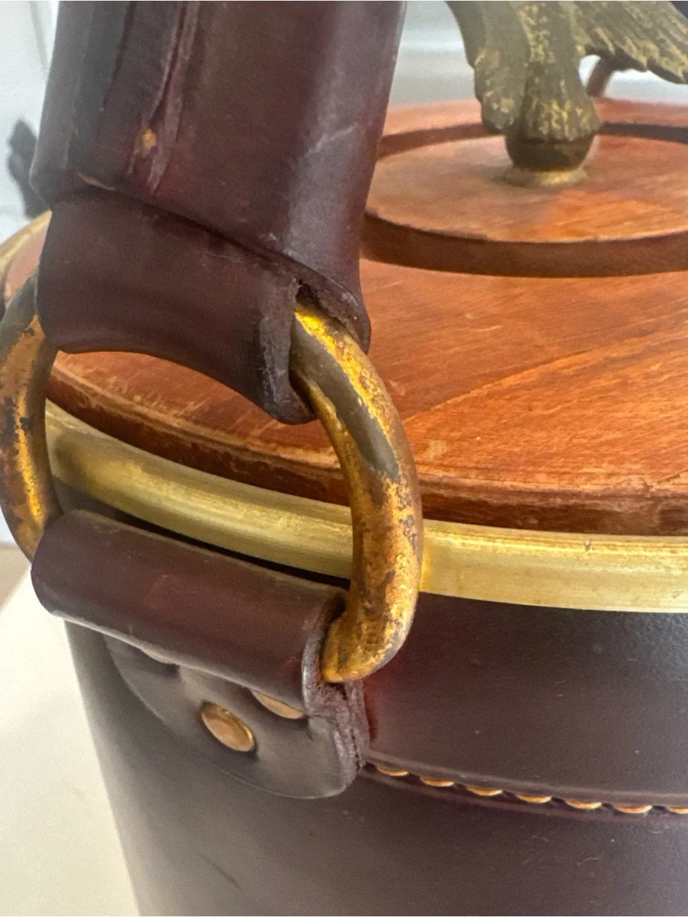 Brown Leather Barrel Ice Bucket with Eagle Finial